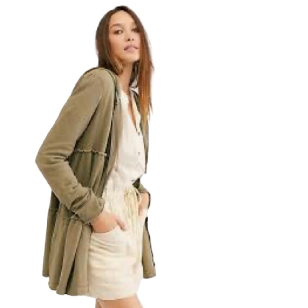 Free People Trapeze Olive Green Tiered Ruffle Zip Up Hoodie Sweatshirt M